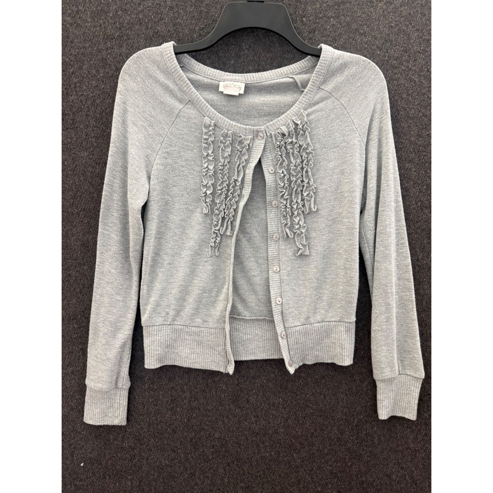 Y2K Gray Ruffle Front Button Down Cardigan Sweater Medium Cottagecore Preppy